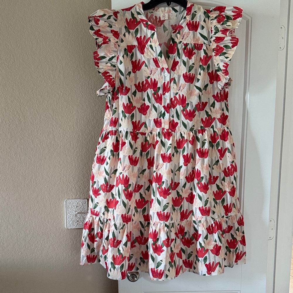 Sew In Love Floral Ruffle Sleeve Dress - Red and Green